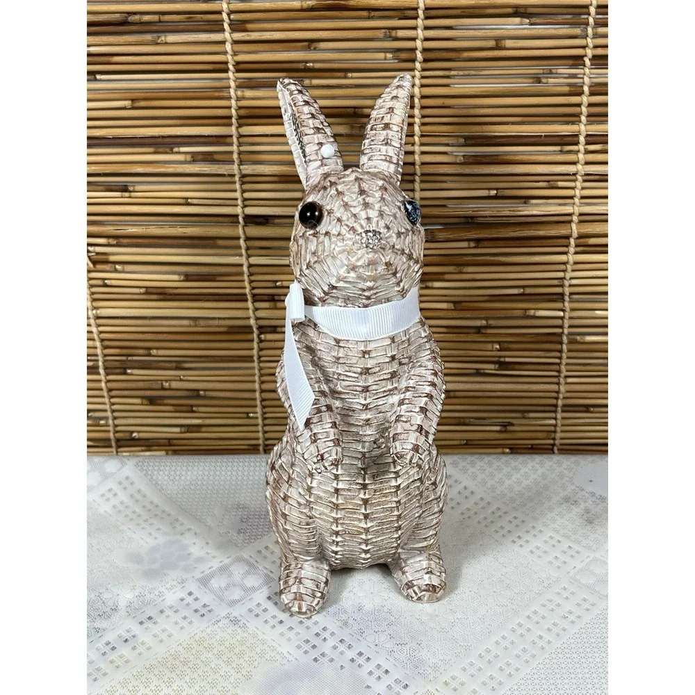 Rattan‎ Rabbit Woven Rabbit Bow Resin Ornaments for Home 8.1in Brown Station